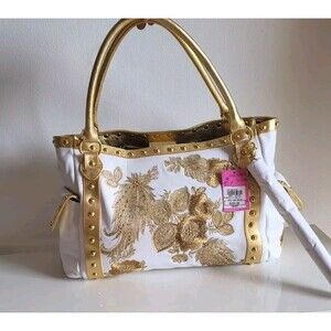 Beverly Feldman Gold Embroidered Double Handles Tassel Exotic White Leather Bag